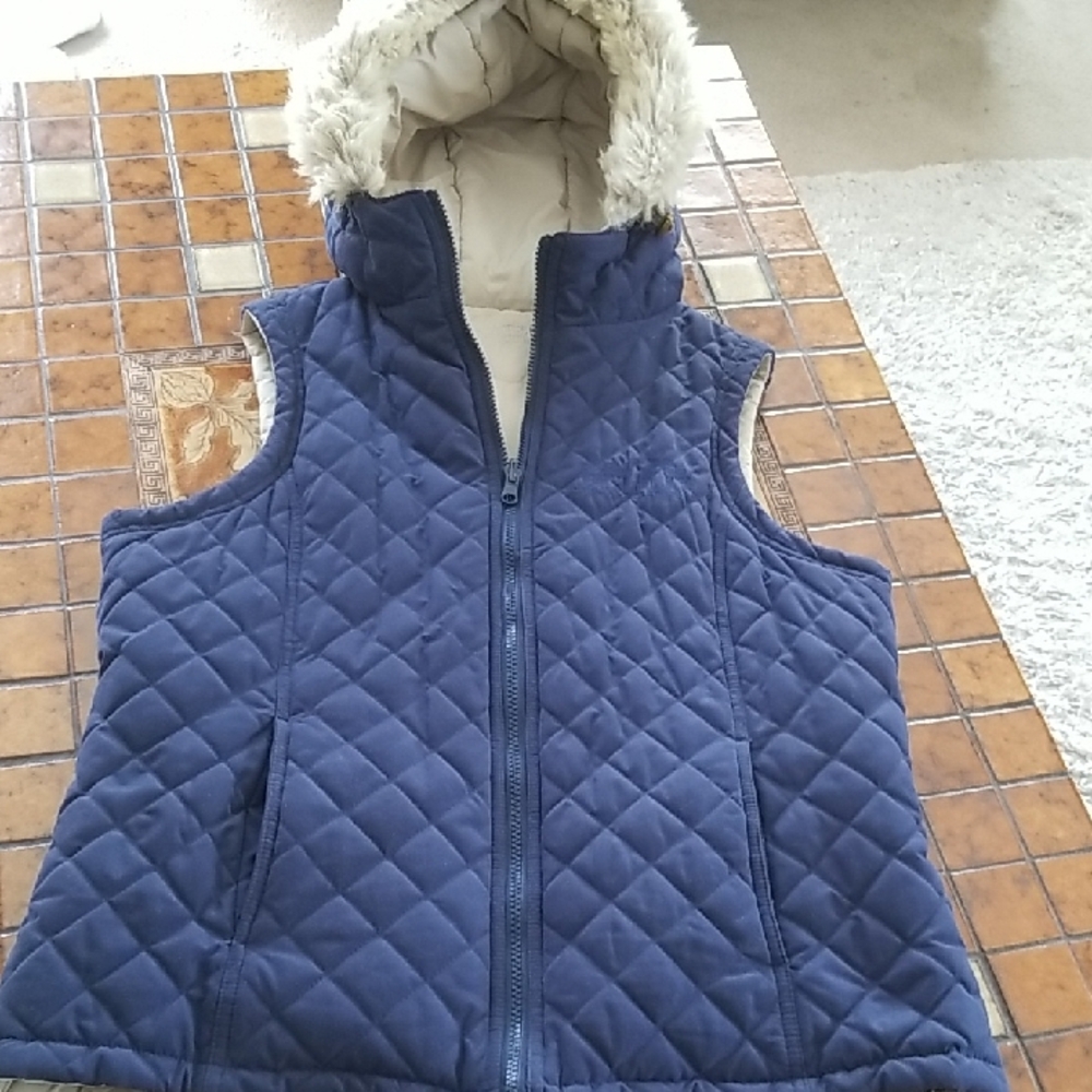Women's Blue Quilted Vest with Faux Fur Hood reversible